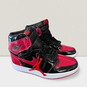 Nike Boys  Air Jordan 1 Retro High OG GS Patent Bred Red Black Sneakers Size 5 G